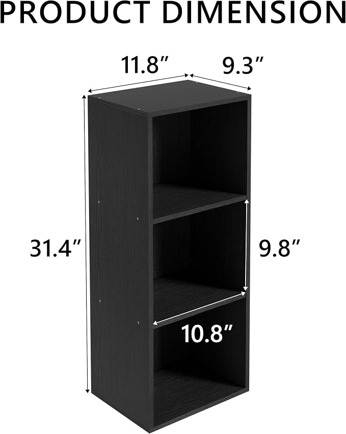Wooden 3 Cube Storage Organizer, 3 Tier Storage Cubes Storage Display Cubby,Freestanding DIY Closet Shelving Unit for Living Room Bedroom Office(Black, 3 Cube-W(11.8inch)