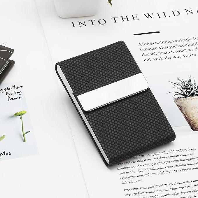 MaxGear Business Card Holder, PU Leather Business Card Case, Black Carbon | Stainless Steel Interior, Magnetic Closure, RFID Blocking, Holds 15–25 Standard Business Cards