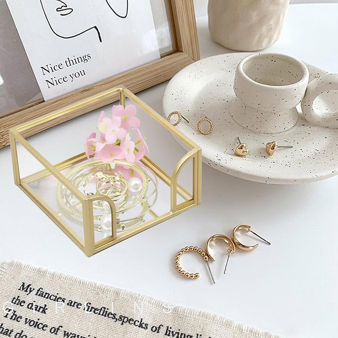 Glass Sticky Note Holder, Gold Post It Note Dispenser for Desk,3 x 3 Inch Post It Note Holder,Stylish Sticky Note Dispenser for Home Office Desk