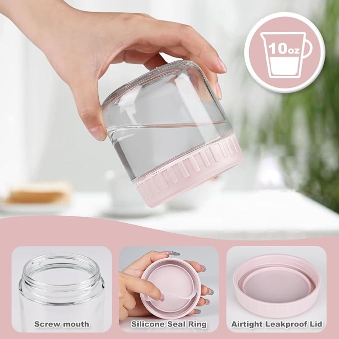 SHOWIN Overnight Oats Containers with Lids, 10oz Glass Jars with Lids 4 pcs, Wide Mouth Mason jars for Salad, Yogurt, Snacks, Meal Prep