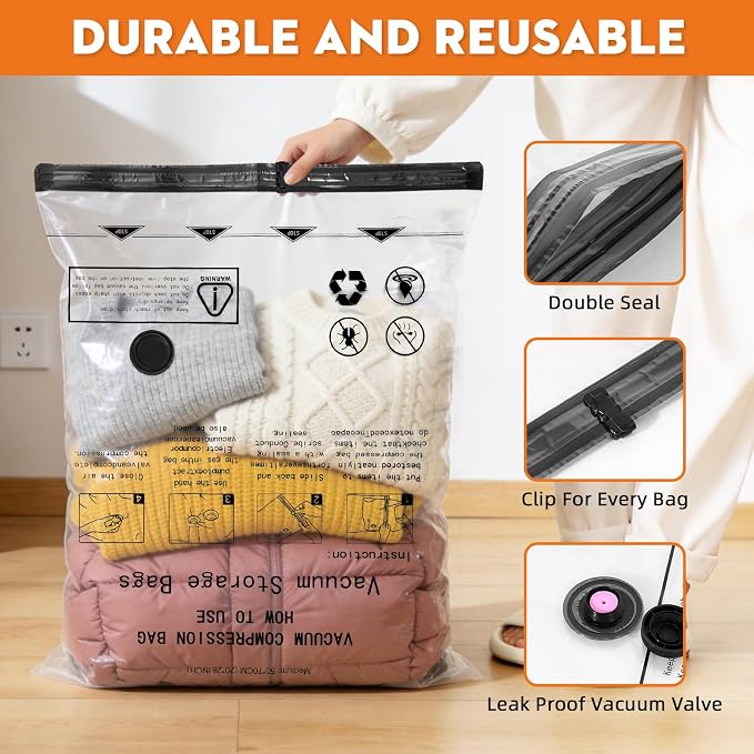Vacuum Storage Bags For Clothes with Pump(6S+6M+2L+2J)16 Pack | Vacuum Travel Bags with Pump for Luggage,Space Saver Bags For Travel and Home Organization