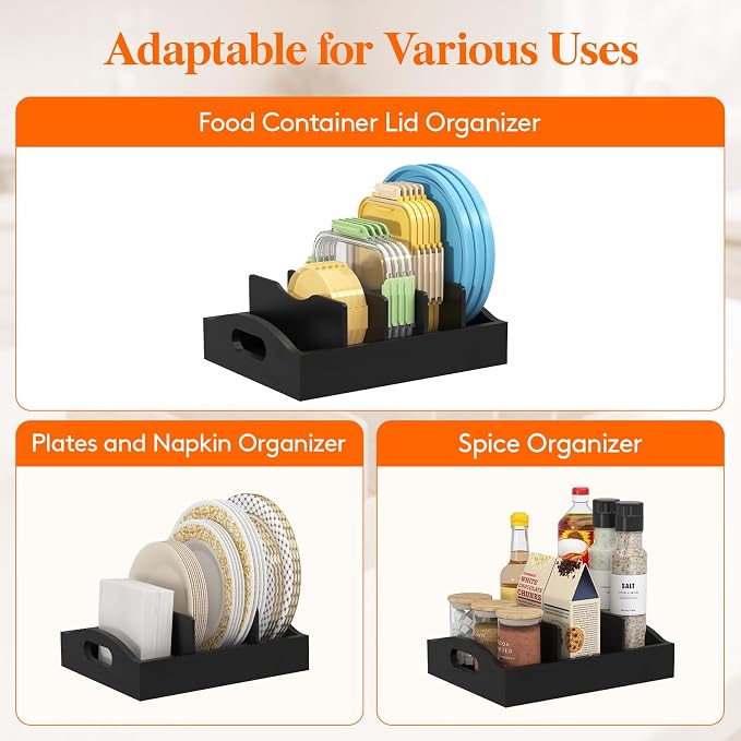 Lifewit Bamboo Lid Organizers for Inside Cabinet, Food Storage Container Lid Holder with 4 adjustable Inserts & 5 Compartments, Lid Storage for Kitchen Pantry Organization, 10.6" X 8.3", Black