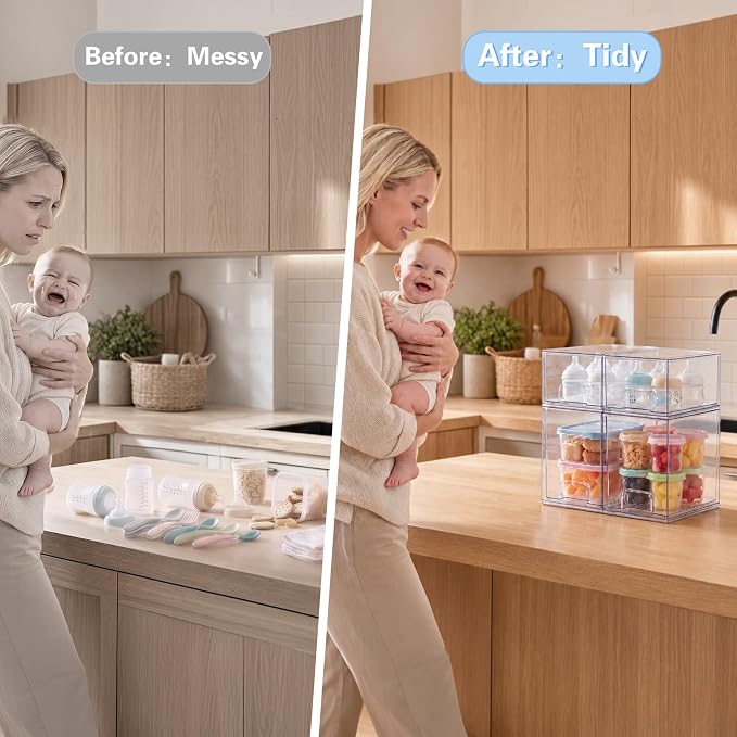 Baby Bottle Organizer, 4 Pack Clear Acrylic Stackable Storage Drawers, Baby Bottle Storage Organizer for Countertop, Nursery, Vanity & Cabinet