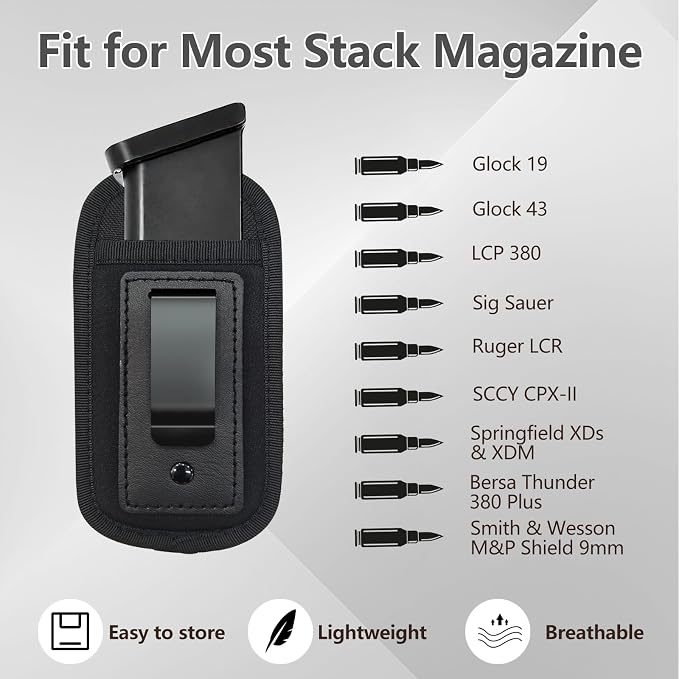 2 Pack Universal Magazine IWB Pouch Concealed Carry 9mm .40 .45 .380 .357, Mag Holster for S&W M&P Sig Sauer Ruger Glock, Handgun Ammo Gun Ammunition Holsters