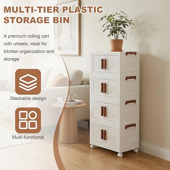4 Tier Stackable Storage Bins with Lids & Magnetic Doors, Plastic Collapsible Storage Bins with Wheels Stackable Storage Containers Organizers Cabinet for Entryway