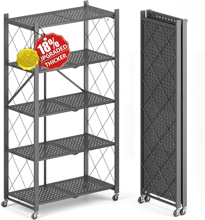 Upgraded 18% Thickened Portable 5-Tier Foldable Storage Shelves with Wheels Heavy Duty Storage Shelf Collapsible Shelves Unit Display for Garage Storage Kitchen Pantry & Closet Organizer