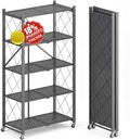 Upgraded 18% Thickened Portable 5-Tier Foldable Storage Shelves with Wheels Heavy Duty Storage Shelf Collapsible Shelves Unit Display for Garage Storage Kitchen Pantry & Closet Organizer