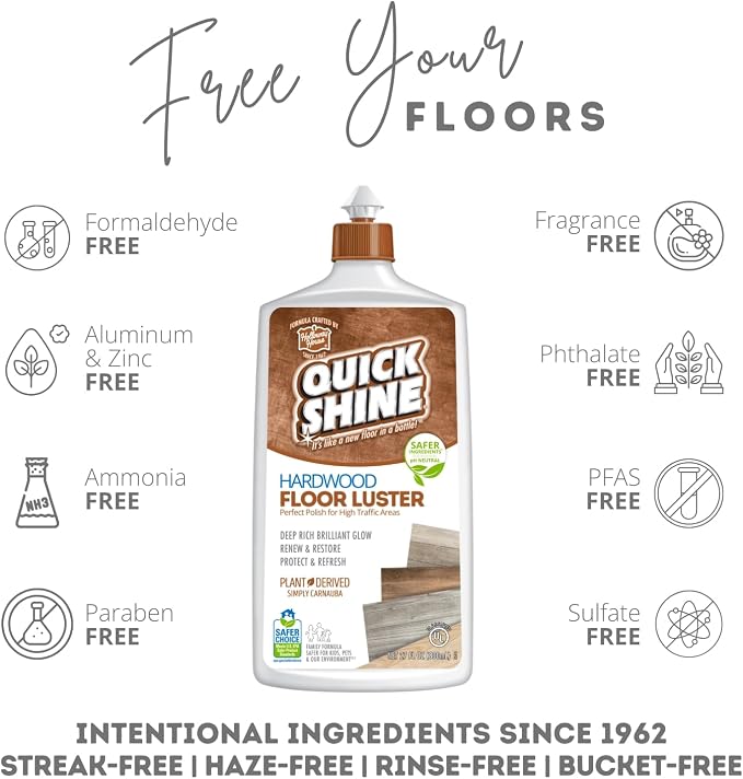 Quick Shine Hardwood Floor Luster 27 oz-6 Pk, Natural Looking Shine | Plant Derived Carnauba Polish, Renew & Protect, Streak & Haze Free, Non-slip, pH Neutral, No PFAS, EPA Safer Choice