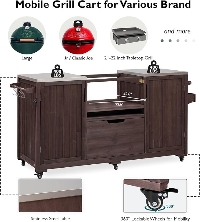 Amposei Outdoor Grill Cart Table for Large Big Green Egg Accessories 66.5’’ Solid Wood Kitchen Storage Island Prep Station with Stainless Steel Top for BBQ, Dark Brown