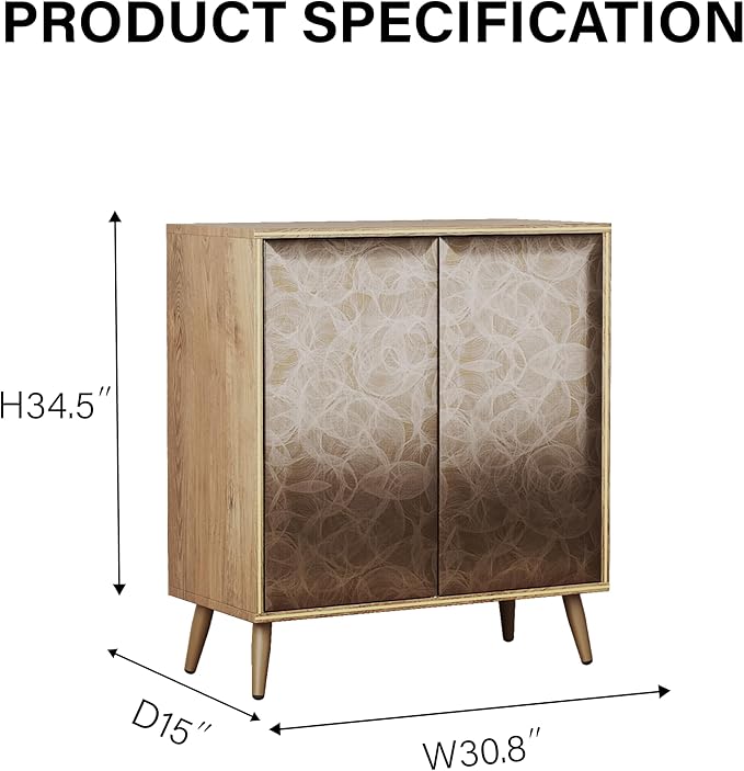 Sideboard Buffet Cabinet with Raised Shaped & Geometric Line Texture Door Panel, Accent Storage Cabinet for Living Room (Cabinet Body- Oak, 2 Door-15 D x 30.8" W x 34.5" H)