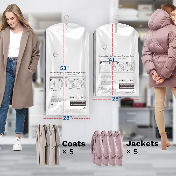 Hanging Vacuum Storage Bags For Clothes with Electric Pump, 4 Pack Large Hanging Space Saver Bags, Vacuum Sealed for Clothing Travel Suits Dress Jackets for Moving Supplies(2 Long, 2 Short)