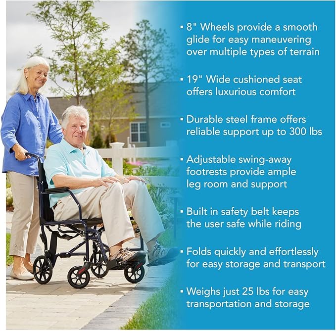 Carex Transport Wheelchair with Cushion, 19 inch Seat - Folding Transport Chair with Foot Rests