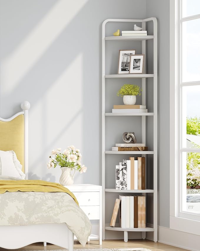 Hzuaneri Corner Shelf Stand Corner Bookshelf Standing Shelf Plant Shelf | Corner Display Rack with Metal Frame for Living Room, Bathroom, Kitchen, Industrial Style, 6 Tier Rustic Brown CS06613W