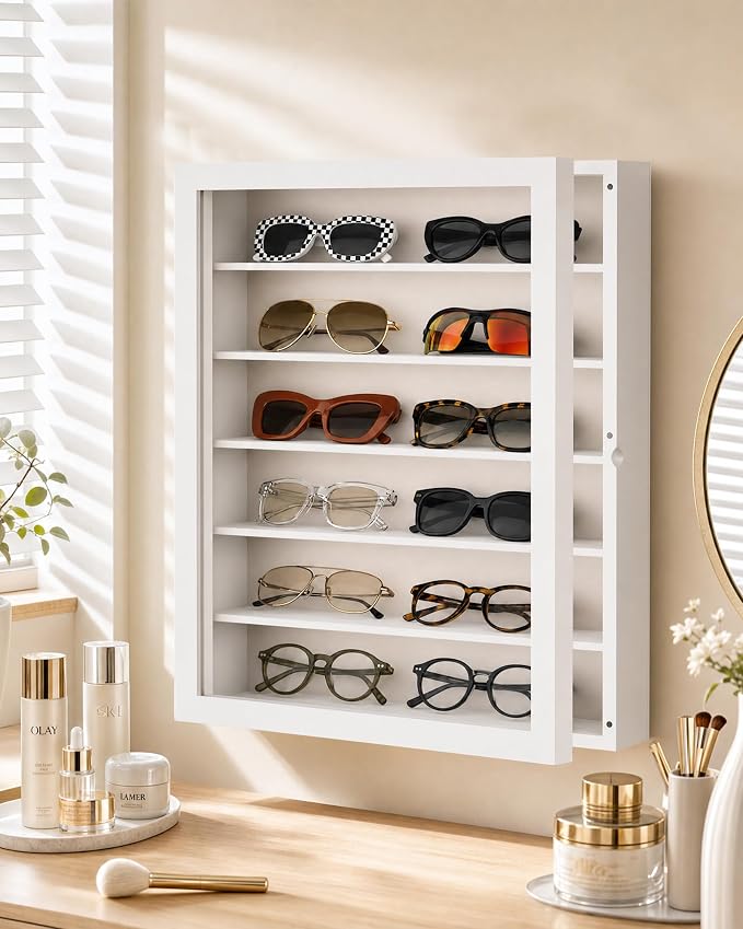 TJ.MOREE Sunglass Organizer Wall Mounted Glasses Holder Display Case 6 Tier | 13 x 15.6 inches Wooden Storage Box for Multiple Pairs Eyeglasses Sports Sunglasses