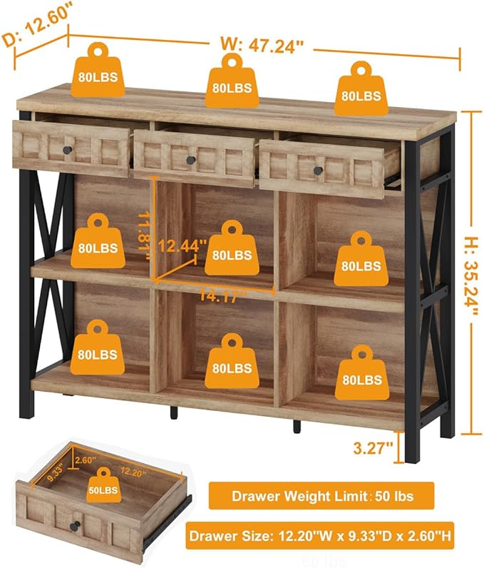 FATORRI Rustic 6 Cube Storage Organizer Bookshelf with 3 Drawers, 47 Inch Long Horizontal Bookshelf, Industrial Wood Short Low Cube Bookcase for Living Room, Home Office (Rustic Oak)