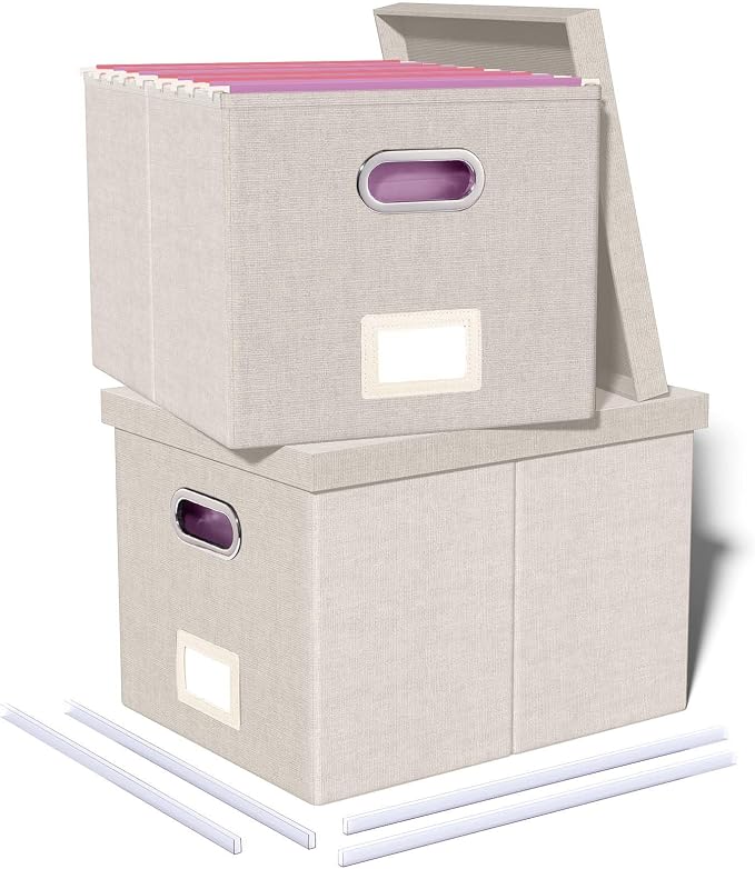 Oterri 2 Pack File Storage Organizer, Document Organizer, Portable File Box with Lid, Fit for Letter/Legal File Folder Storage,Beige-Box only