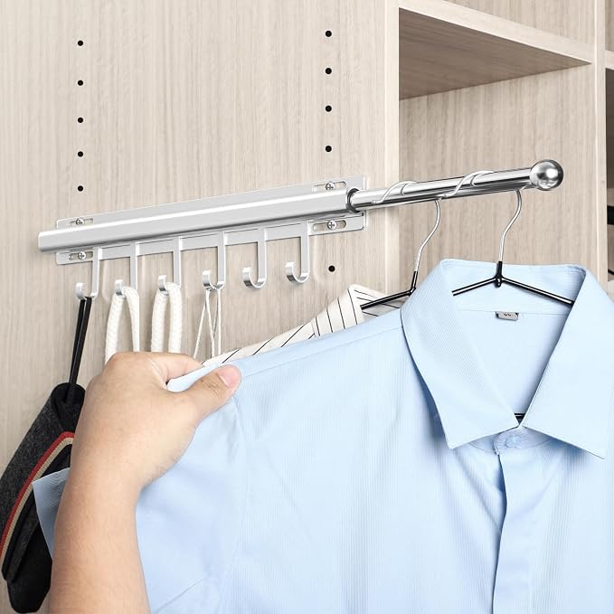 BaiNong Valet Rod for Closets Pull Out 16.5" Silver with 6 Hooks | Closet Valet Rod Slide Out for Closets, Laundry Rooms, RVs Space-Saving