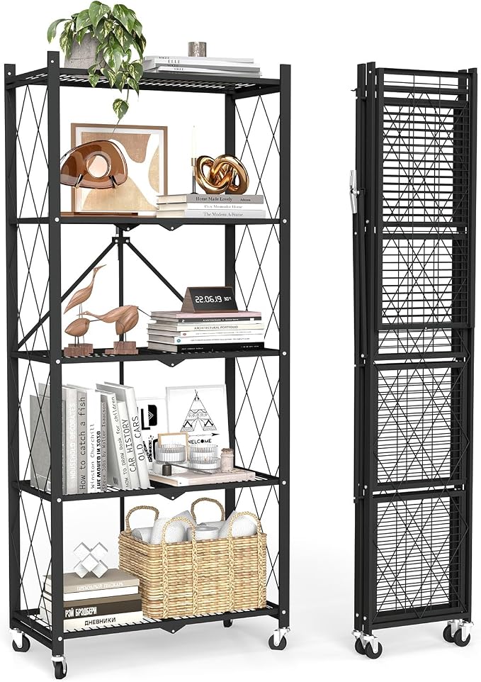 5 Tier Foldable Storage Shelves with Wheels -No Assembly Metal Folding Shelves Collapsible Shelving Unit Display Heavy Duty Rolling Shelf for Home Kitchen Office Room (Black, 64" x 13" x 27")