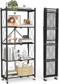 5 Tier Foldable Storage Shelves with Wheels -No Assembly Metal Folding Shelves Collapsible Shelving Unit Display Heavy Duty Rolling Shelf for Home Kitchen Office Room (Black, 64" x 13" x 27")