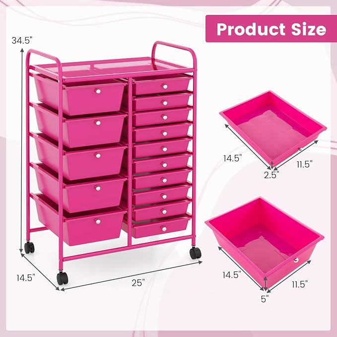 DREAMADE Rolling Cart with 15 Drawers, Rolling Drawer Organizer Cart w/Lockable Wheels, Removable & 2-Sized Storage Drawers, Art Cart for School Home Art Supplies Crafts File Scrapbook