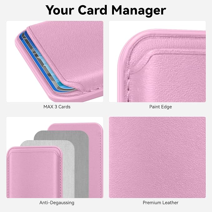 Magnetic Wallet Cell Phone Card Holder for Phone Case with Mag-Safe, Stronger Magnetic RFID Leather Phone Wallet Stick on Series of iPhone 17/16/15/14/13/12 and Pro/Promax, Pink