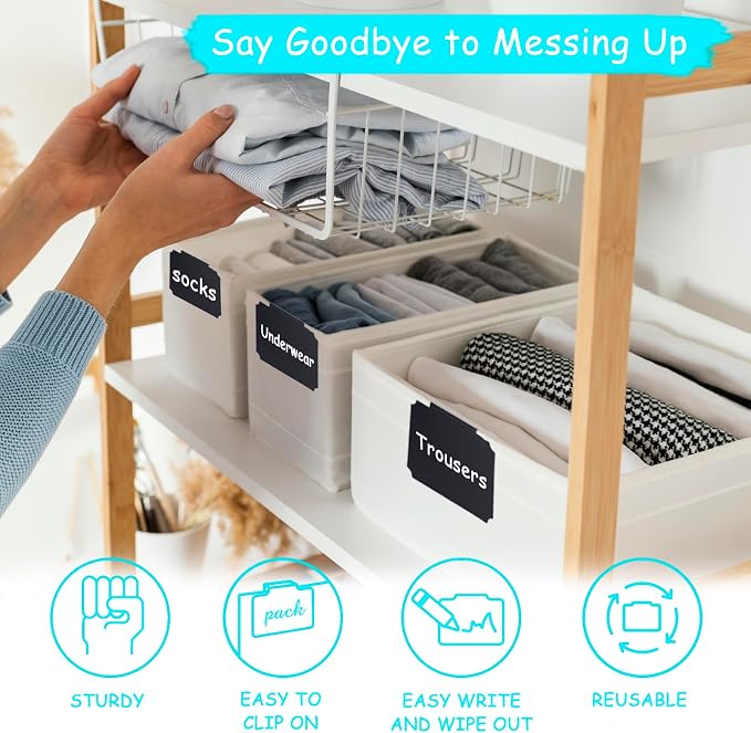 20 Pieces Basket Labels Clip On Set for Storage Bins Kitchen Pantry Basket Box Cube Laundry Organization, with 32 Pieces Removable Chalkboard Tag Stickers and 12 Pieces Chalk Marker