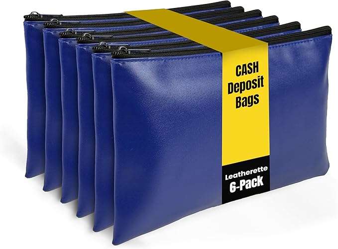 Better Office Products 6 Pack, Zippered Security Bank Deposit Bag, Leatherette, Cash Bag, Coin Bag, Utility Pouch, Blue, 6 Bags