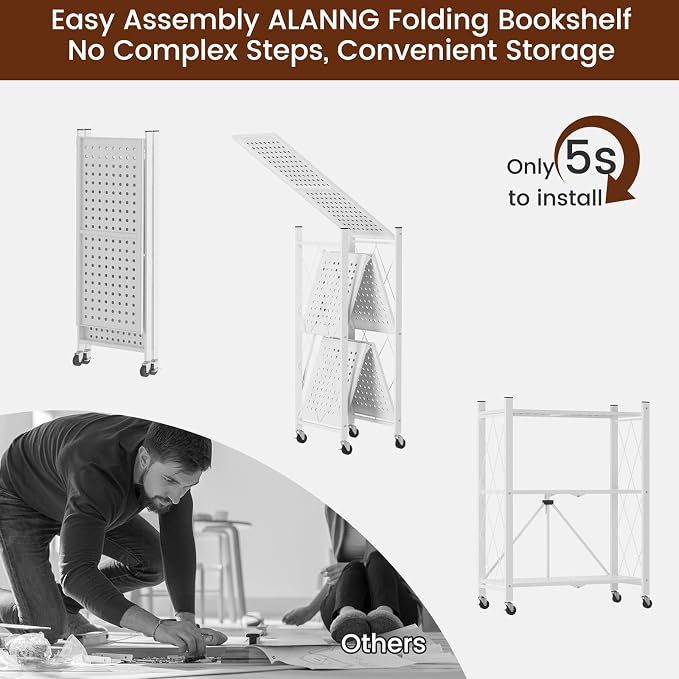 ALANNG 3 Tier Folding Storage Shelf on Wheels,Heavy Duty Metal Rolling Cart | Compact & Portable, No Tools Assembly, Folds to 3.9" Flat, Reinforced Iron Frame, Lockable Casters, for Any Room