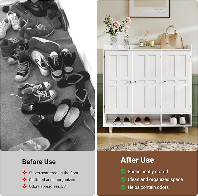 Shoe Cabinet with 3 Doors and Adjustable Shelves, Large Shoe Storage Cabinet for 24–30 Pairs, Modern Farmhouse Shoe Organizer with Open Bottom Shelf for Entryway, Living Room, White