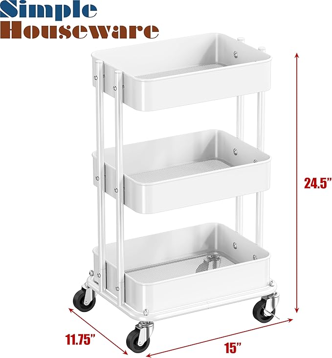 Simple Houseware 3-Tier Utility Cart, Low 24" Height Fits Under Desk, White | Compact & Lower Height Great for Under-Desk Space-Saving Storage for Home Office, Dining Room, or Kitchen