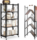 5 Tier Folding Shelf with Wheels, Wood and Metal Bookshelf, no Assembly Foldable Storage Shelves, Vintage Storage Rack for Living Room, Bedroom, and Home Office