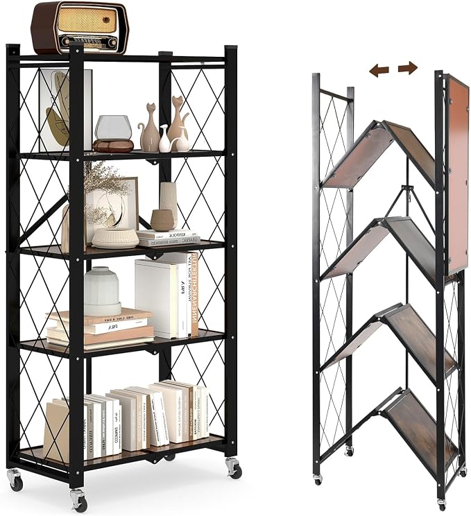 5 Tier Folding Shelf with Wheels, Wood and Metal Bookshelf, no Assembly Foldable Storage Shelves, Vintage Storage Rack for Living Room, Bedroom, and Home Office