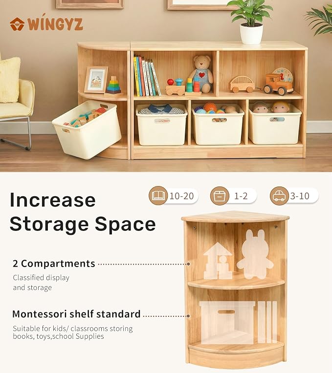 WINGYZ Rubber Wood Corner Cabinet, 2-Tier Montessori Shelf 11.8" L Bookcase | Toy Storage Organizer, 150lb Capacity, Montessori Bookshelf for Kids Rooms, Classroom, Playroom, Nursery, Daycare, Child-Safe