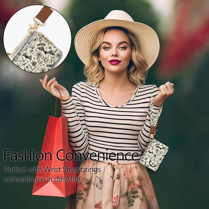 Blusabaca Women Credit Card Holder, Small RFID Wallet with Wristlet Strap | Removable Keychain, Case with Zipper, Vegan PU Leather, Cash Coin Pocket, Business Accordion Purse, Ladies Female Gift