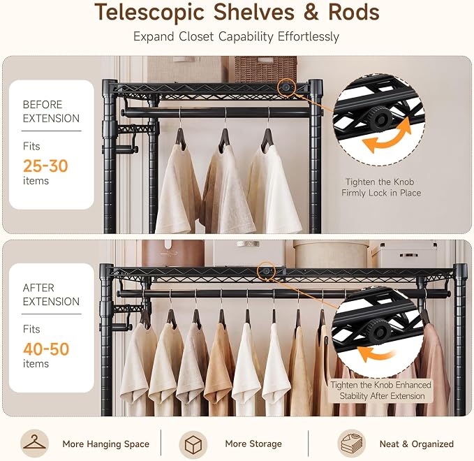 S3 Expandable Heavy Duty Clothes Rack, Freestanding Closet Organizer System | 5'8" to 8'3" Max Load 1200LBS Metal Garment Rack Portable Closet System with 4 Extendable Shelves & 4 Telescopic Rods Black