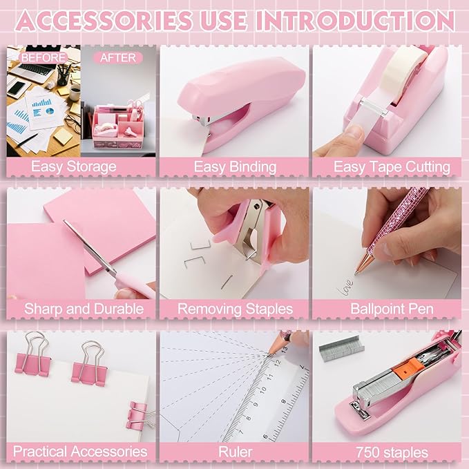 Feifeiya 18 Pack Pink Office Supplies Desk Accessories for Women Desk Organizer Box Calculator Staple Remover Stapler Scissors Clips Mouse Pad Sticky Notes Index Notes Tape Dispenser Ruler Tap Pen