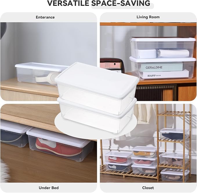 novelinks 8 Pack 6 Quart Clear Plastic Shoe Storage Bins with Lids (White) | Shoe Boxes Clear Plastic Stackable, Clear Shoe Storage Boxes, Shoe Containers, Shoe Bins, Craft Organizers and Storage