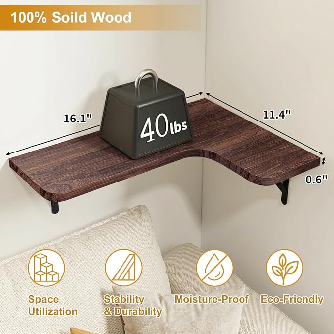 Fixwal Floating Shelves for Wall Set of 5, Rustic Wood Wall Mounted Corner Shelf for Bathroom, Kitchen, Bedroom, Home Decor, Laundry Room, Living Room (Walnut Brown)