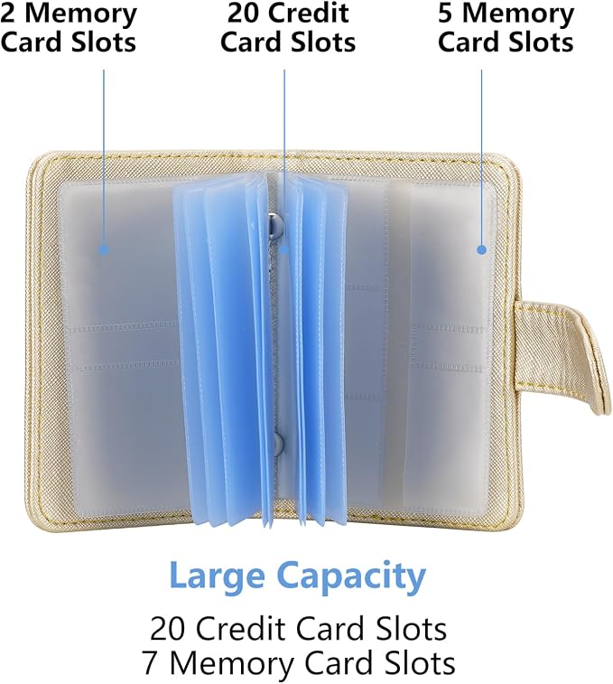 Wisdompro Slim PU Leather Credit Card Holder, Vertical Gold | RFID Blocking Wallet Debit Card Protector, Organizer Case, Card Case, 20 Card & 7 Memory Card Slots, with Magnetic Closure