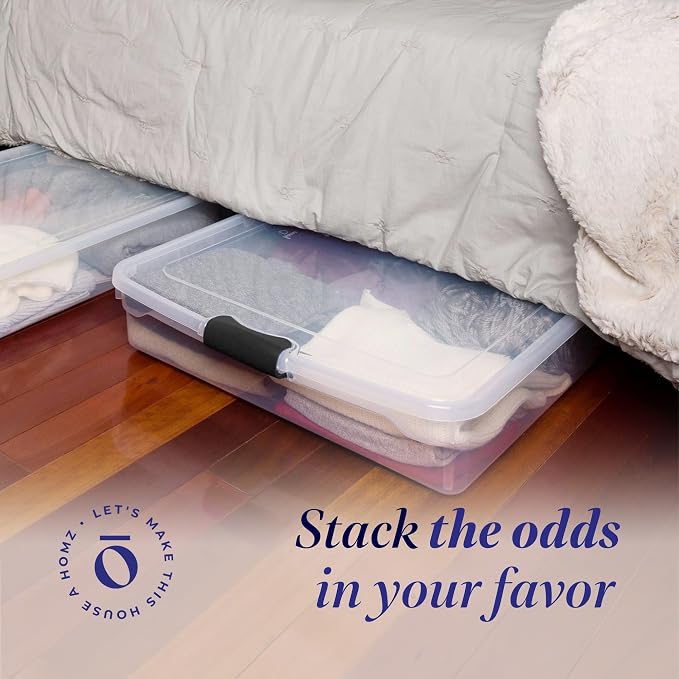 HOMZ 2-Pack Under Bed Storage, Clear Plastic Containers with Lids, 56 Quart, Gray Latch - Stackable Underbed Organizer Bins for Shoes, Bags, Clothes, and Towels