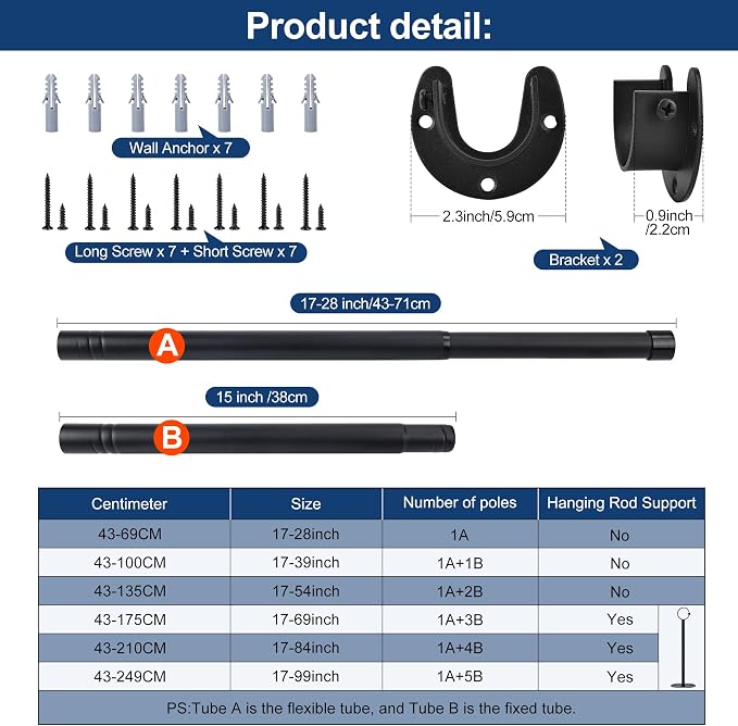 Adjustable Closet Rod for Hanging Clothes, 17-99inch Heavy Duty Metal tension clothes rod，1.3Inches Closet Pole with Hardware Kit for Closet Organization Laundry Room RV, Black