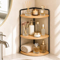 3-Tier Corner Bathroom Countertop Organizer, Solid Pine Wood Vanity Shelf | Natural wood solid pine shelves with 6.3 in clearance for tall bottles, skincare, perfume, and daily essentials.