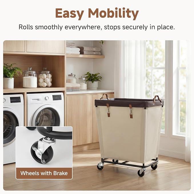 StorageWorks Laundry Basket with Wheels for Clothes, 210L Beige Hamper Cart