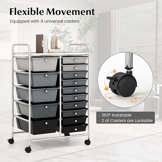 COSTWAY 15 Drawer Rolling Storage Cart, Mobile Storage Organizer | Removable Drawers & Metal Frame, Multipurpose Utility Tools Paper Organizer on Wheels for Home, Office (Mixed Black)