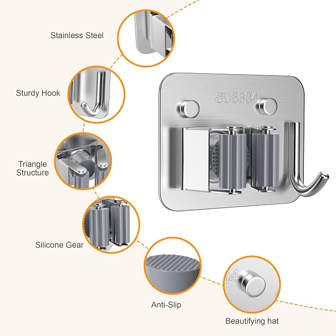 4 Pack Stainless Steel Mop and Broom Holder Wall Mount with Hook, Screw Drilling Mop and Broom Hanger, Single Heavy Duty Storage Rack for Laundry Garage Closet Garden Tool Organizer, Silver