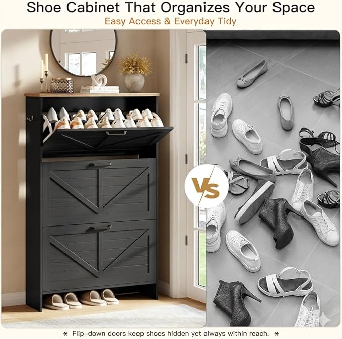 Nicetree Shoe Cabinet for Entryway, 3 Flip Drawers Shoe Storage Cabinet with 3-Tier Adjustable Shelves, Ultra Slim Freestanding Hidden Shoe Organizer with Barn Door Design, Matte Black