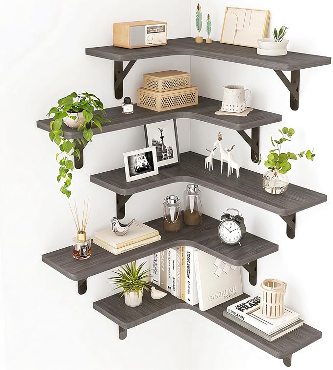 Fixwal Floating Shelves for Wall Set of 5, Rustic Wood Wall Mounted Corner Shelf for Bathroom, Kitchen, Bedroom, Home Decor, Laundry Room, Living Room (Weathered Grey)