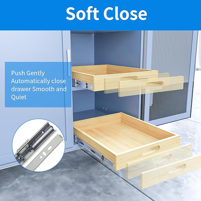 2 Set Pull Out Cabinet Organizer, Soft Close Slide Out Wood Drawer Storage Shelves for Kitchen, Base Cabinet Organization for Pantry, Finished, Heavy-Duty, Bottom Assembly (15” W x 21” D)