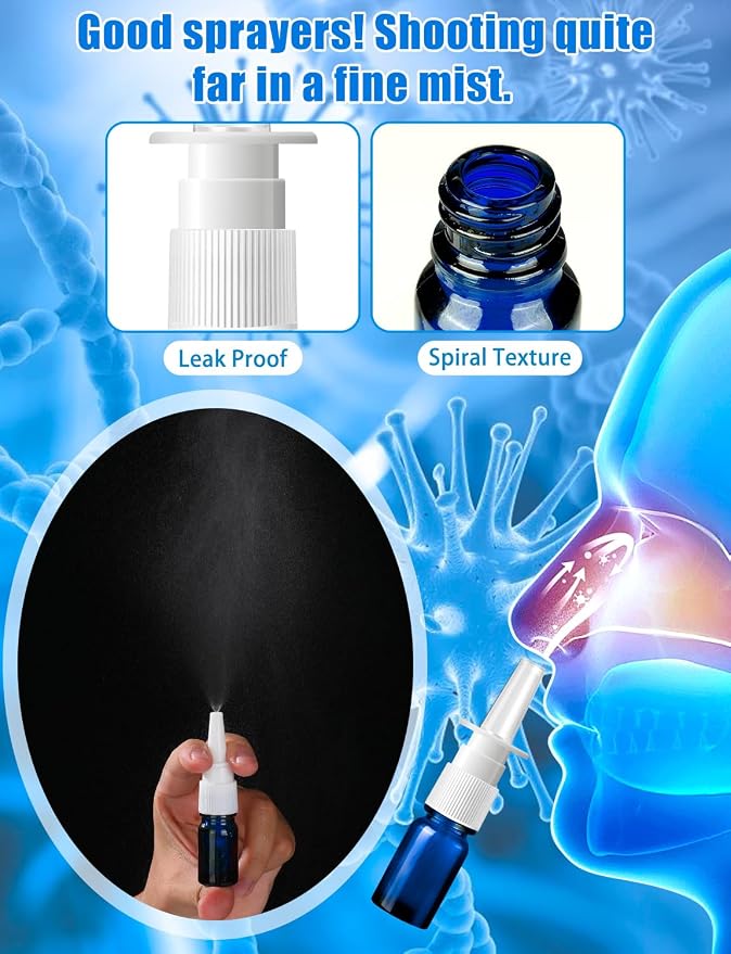 10 Pcs Nasal Spray Bottle, 5ML/0.17OZ 6 Pcs Blue Fine Mist Glass Empty Refillable Nasal Spray Bottle with 2 Funnels and 2 Labels