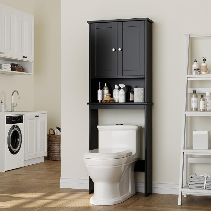 Over The Toilet Storage Cabinet for Bathroom, Black Bathroom Storage Over Toilet, Space Saver W/Adjustable Shelf and Open Shelf, Black